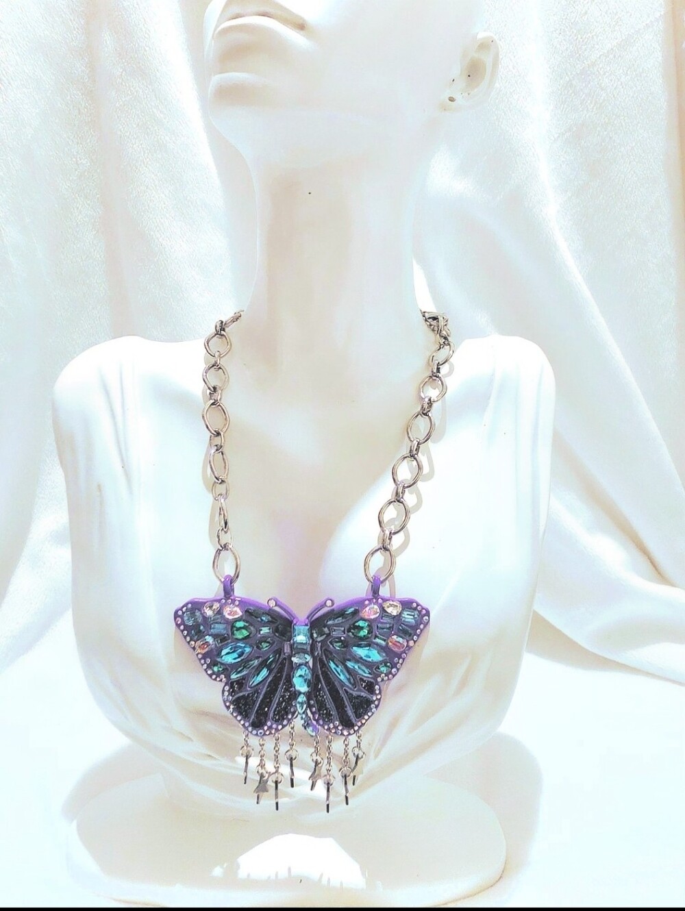 Silver Chain Purple Multicolor Crystal Purple Butterfly Star Necklace - Picture 8 of 14